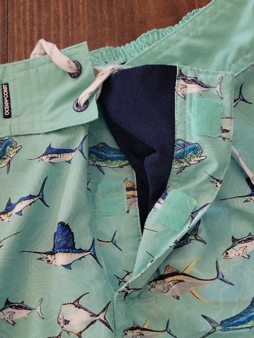 Ocean Coast Men's Mint Green Fish-Print Swim Board Shorts, Drawstring Waist Sz L